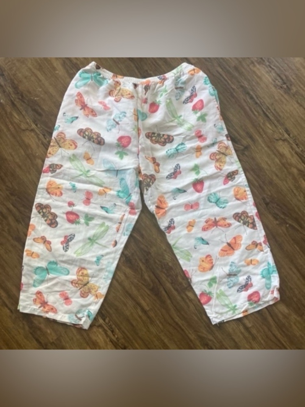 White Butterfly & Strawberry Print Lounge Pants Silk Pants Women’s XL